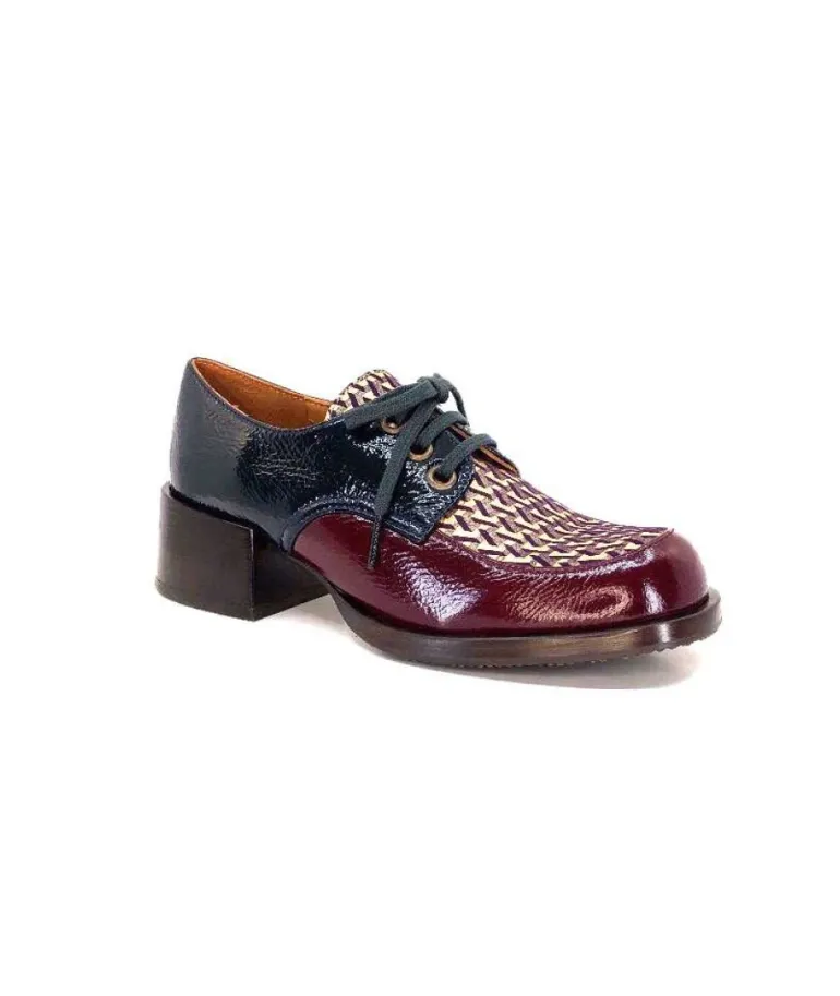 Chie Mihara Trudu Cuir Vernis Purple, Vert & Toile Satin Imprimee